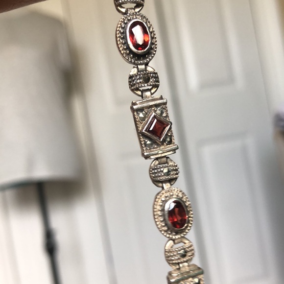 Vintage Japan Sterling Silver Garnet Diamond Red Gemstone Marcasite Tennis Watch - Picture 7 of 7